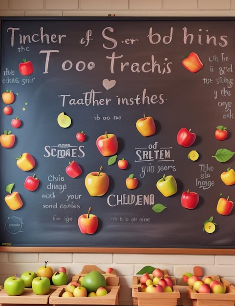 A chalkboard with a quote about the importance of teachers surrounded by a colorful array of apples