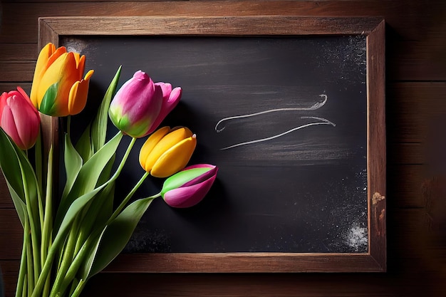 A chalkboard with school supplies and tulip flowers on a rustic wooden table Copy space for text