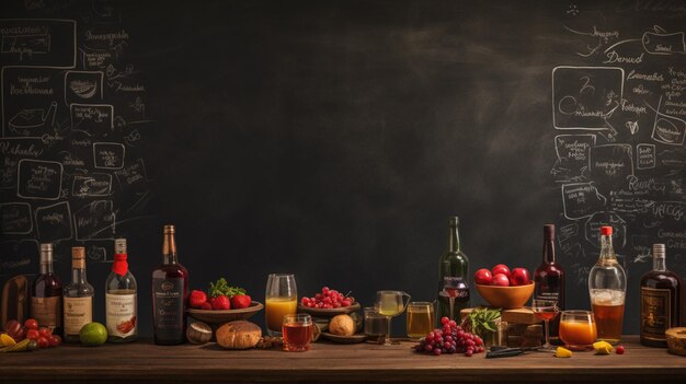 Foto tavola con vino e liquori sullo sfondo