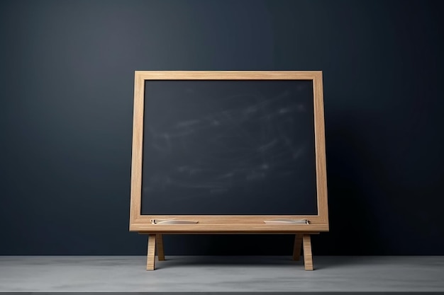 A chalkboard with a wooden frame sits against a dark blue wall.