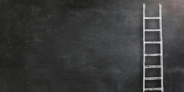 A chalkdrawn ladder reaching towards the top of a blackboard