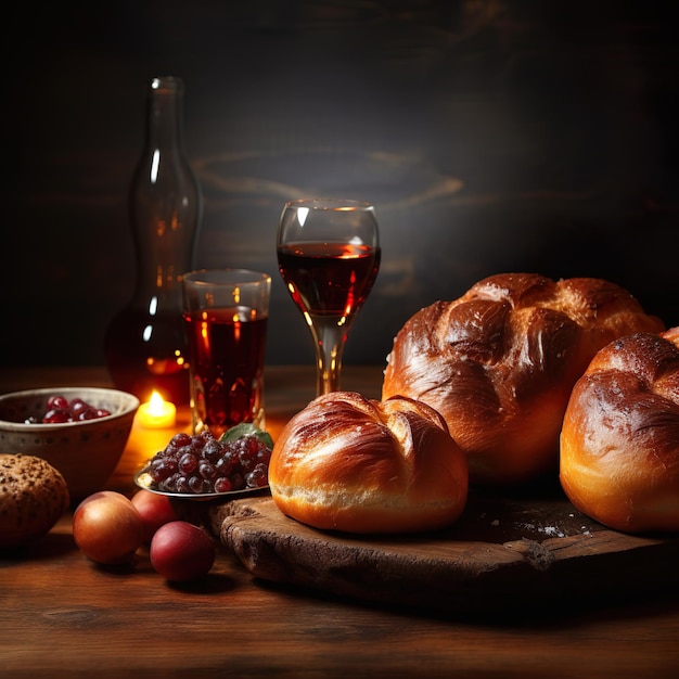 Photo challah bread shabbat wine and challah bread on wooden table lighting a candle hanukkah holiday