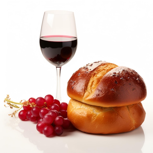 Challah bread shabbat wine on white background