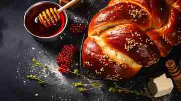 Photo challah bread with sesame seeds butter and jam