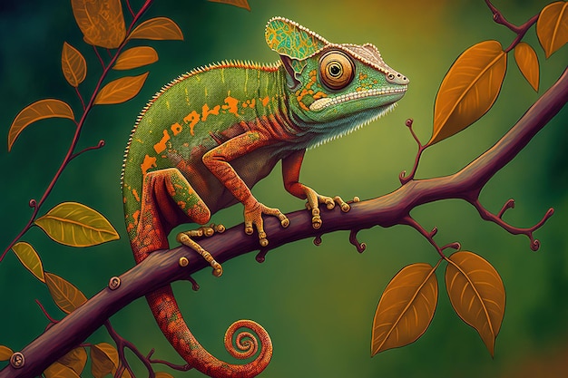 Chamaeleo calyptratus a charming and humorous chameleon on a branch