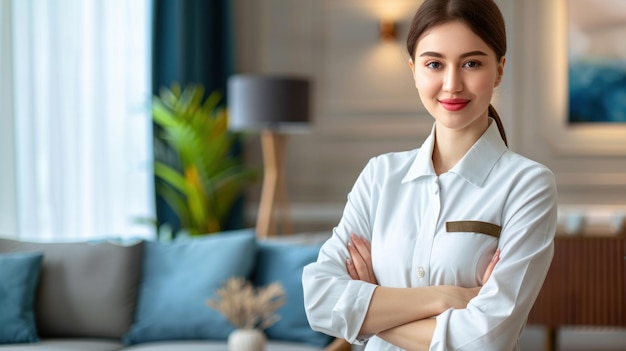 Photo chambermaid standing on living room background