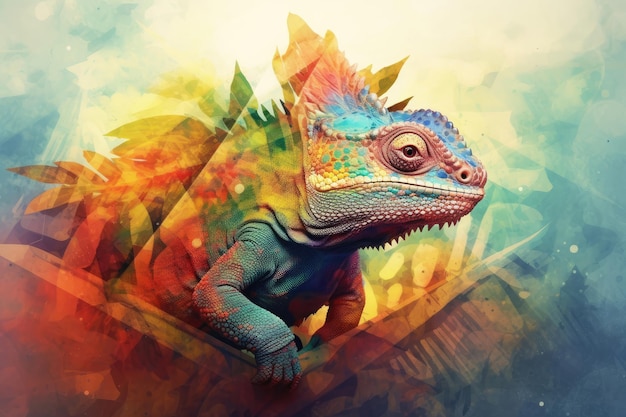 Chameleon and abstract jungle background double exposure Generative AI