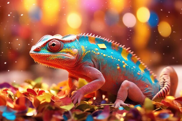 Chameleon on the background of festive tinsel, confetti and sparkles. Generative AI.