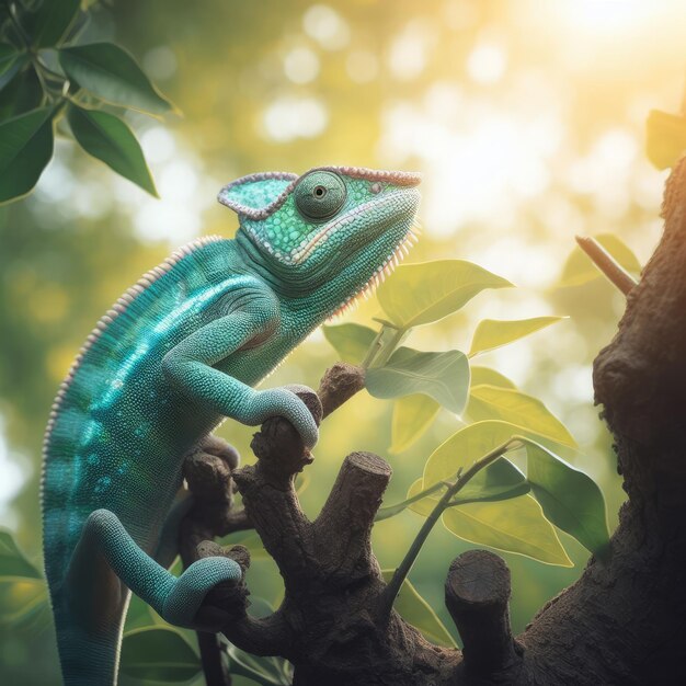 chameleon on a branch in the forest