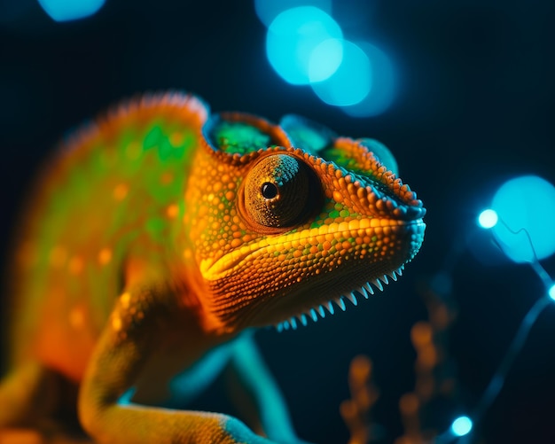 Chameleon on branch with bokeh and blue lights