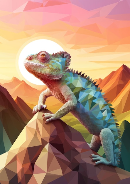 Chameleon changing colors at the top of mountains sunset light pastel colors generative ai