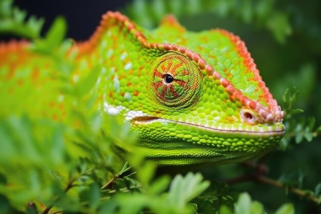 Chameleon changing its color on a green bush