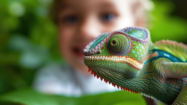 Chameleon close-up gelukkig kind kijkt naar groene reptiel Grote hagedis op glimlachend kind achtergrond Macro-beeld van wild dier in het bos Concept van natuur dieren in het wild en mensen