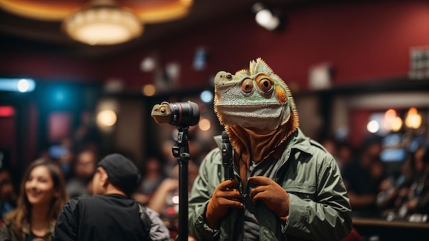 A chameleon doing a standup comedy routine at a comedy club