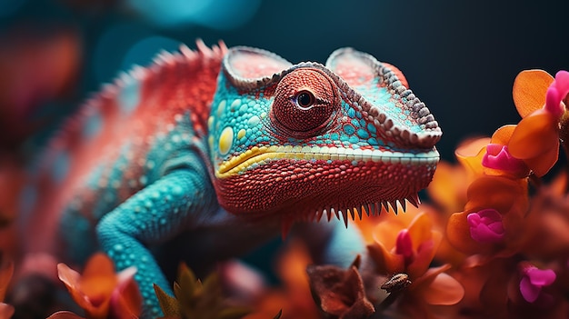 Chameleon on the flower Beautiful extreme closeup