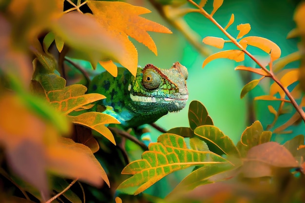 Chameleon hiding in the foliage blending in with its surroundings