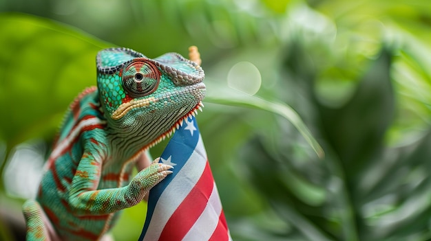 Фото Хамелеон с американским флагом патриотизм и концепция национальной гордости дизайн для четвертого июля