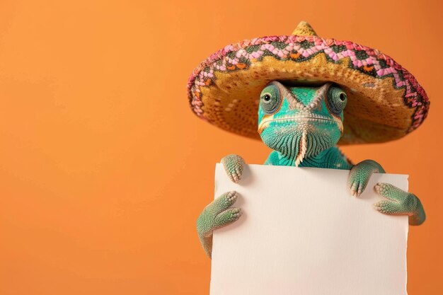 Photo a chameleon holding a blank sign dressed in mexican sombrero hat and clothing