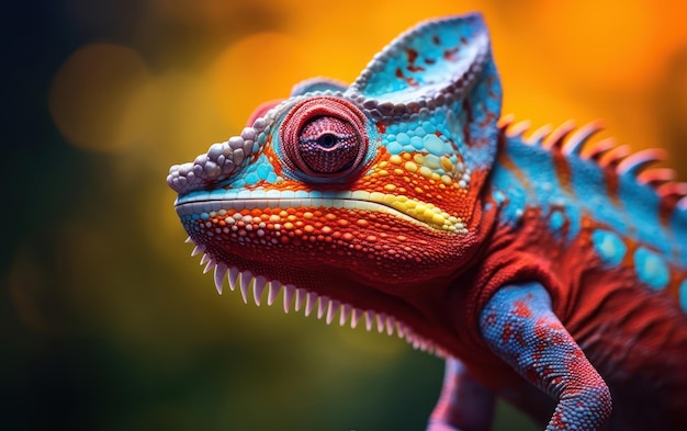 a chameleon intricate features on a softly blurred nature setting