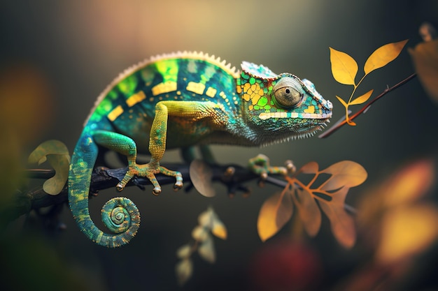 Chameleon lizard sits on a branch against a blurred natural background ai generated