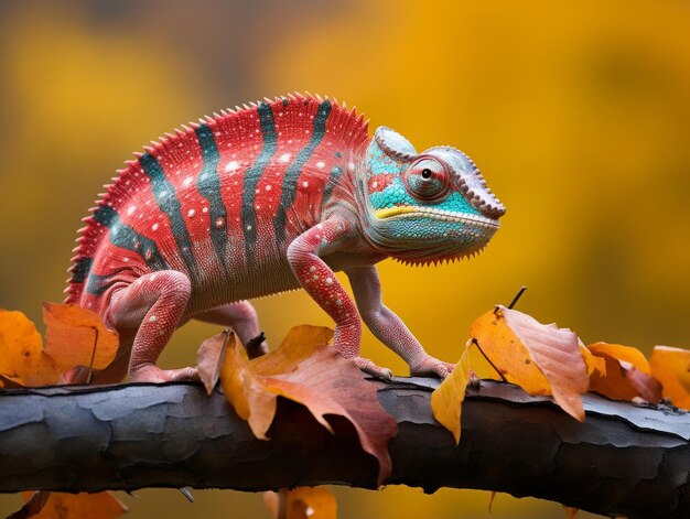 Chameleon morphing against backdrop of vibrant foliage