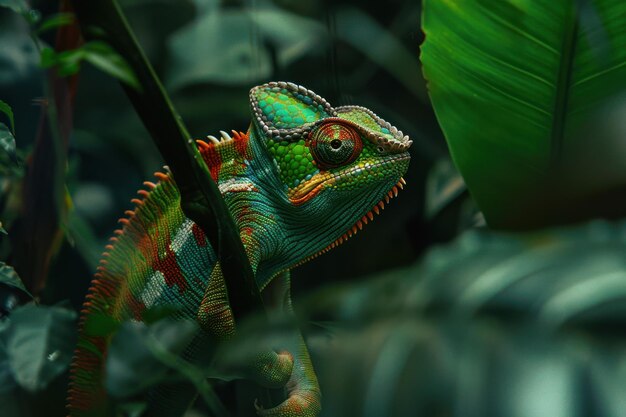 A chameleon in natural green habitat