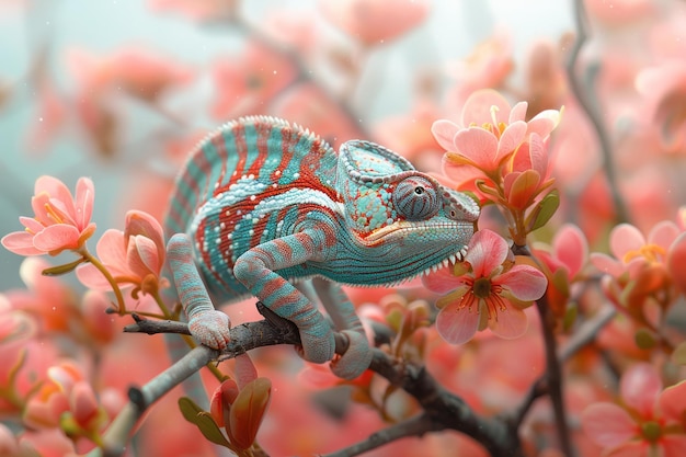 A chameleon perched on a twig changing its colors to match the blooming flowers around it