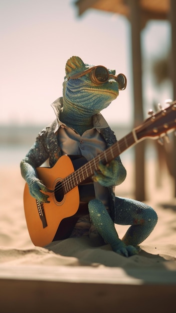 A chameleon playing a guitar on the beach