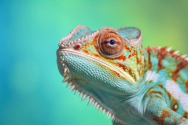 Chameleon portrait with a multi color background