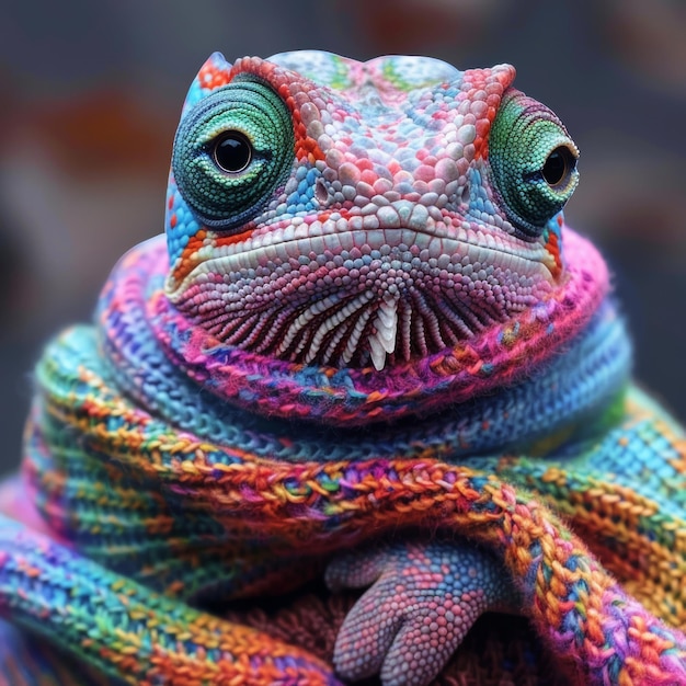 Chameleon in a rainbow scarf color blen