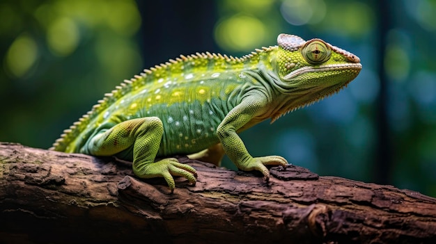 Chameleon reptile perches on a branch