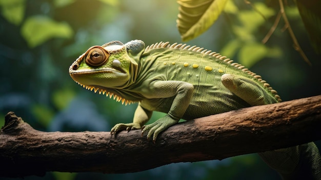 Chameleon reptile perches on a branch