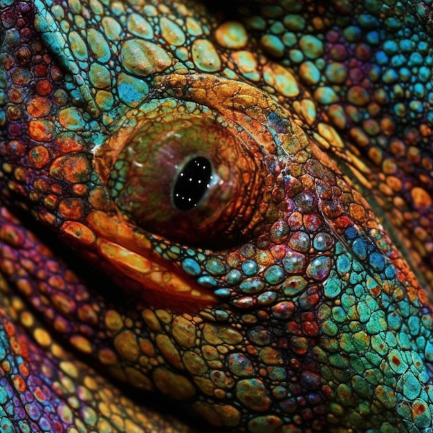 A chameleon's eye is covered in many colors.