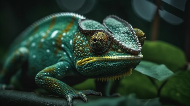 A chameleon sits on a branch in a dark room.