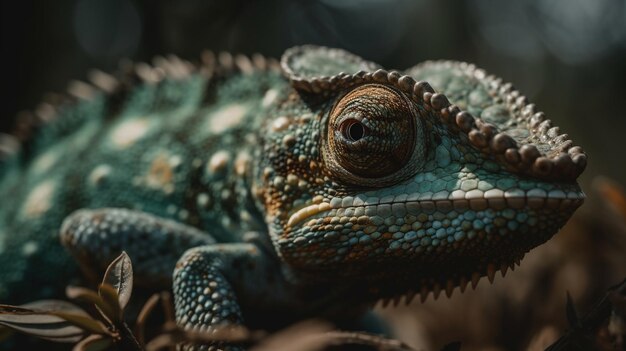 A chameleon sits on a branch in a dark room.