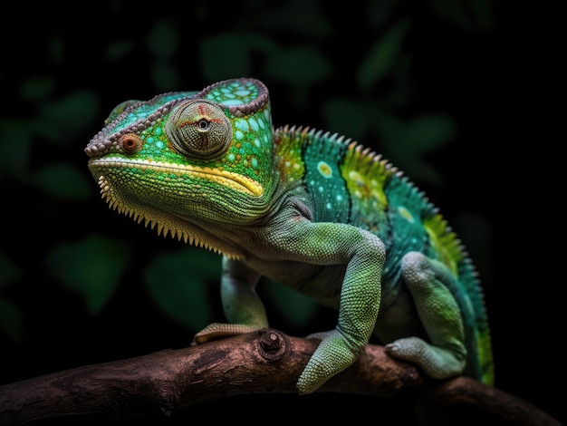 The chameleon sits on a branch and hunts for insects