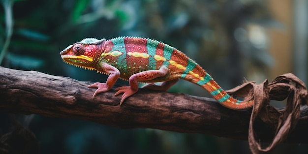 A chameleon sits on a branch in a jungle.