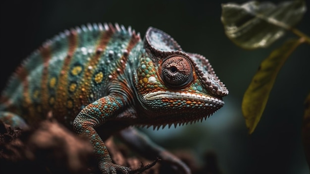 A chameleon sits on a branch with a butterfly on it.