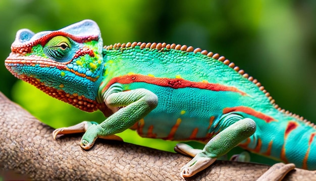 A chameleon sits on a branch with the word chameleon on it.