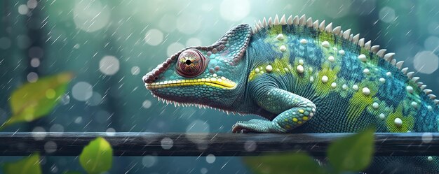 Photo chameleon sitting on a branch of a tree with green leaves in rain forest panorama generative ai