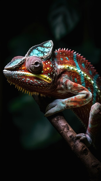 Chameleon of various colors on the branch