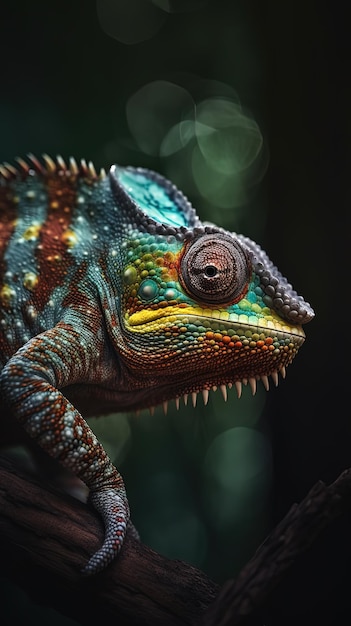 Chameleon of various colors on the branch