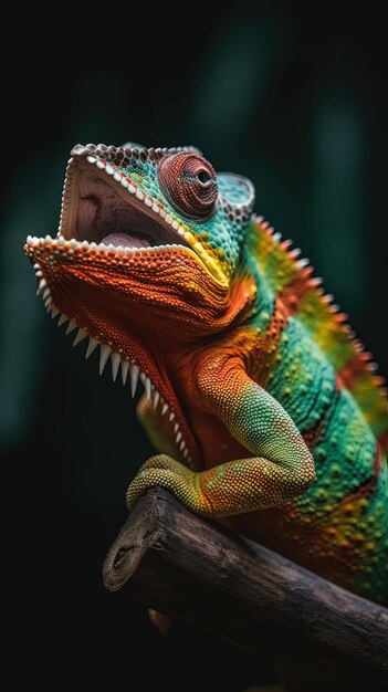 Chameleon of various colors on the branch