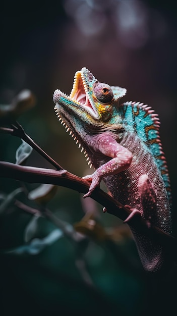 Chameleon of various colors on the branch