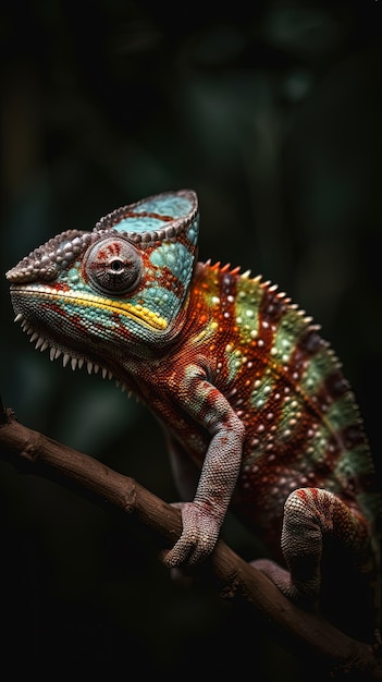 Chameleon of various colors on the branch