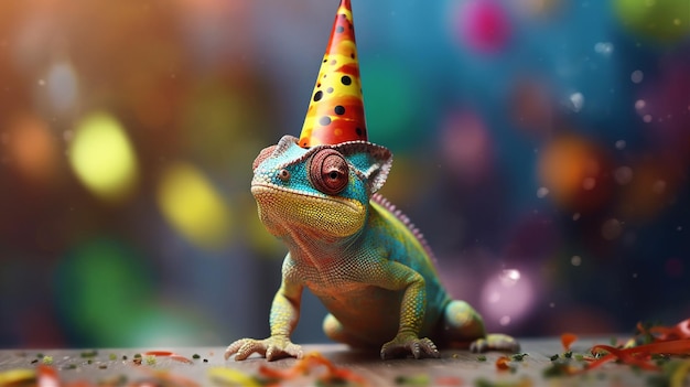 A chameleon wearing a birthday hat sits on a table.