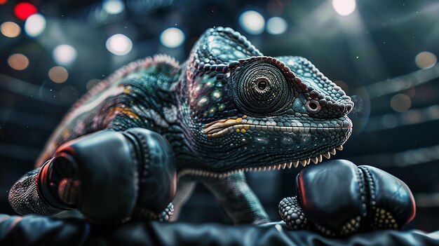 Photo a chameleon wearing gloves in the fight arena