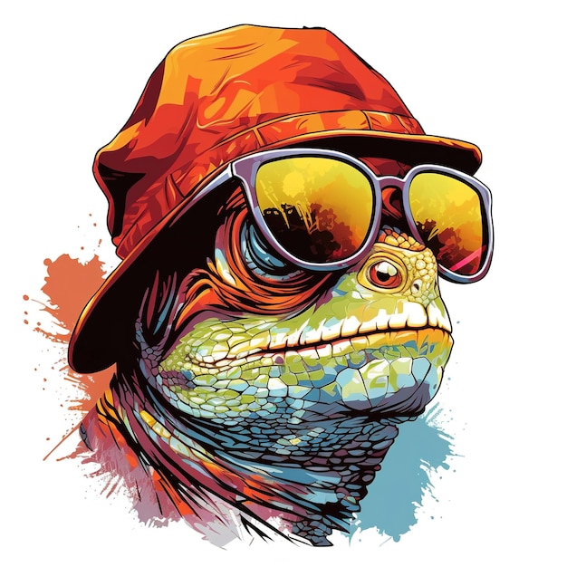 Chameleon wearing hat with sunglasses Modern street style for sticker or tshirt design Generative AI