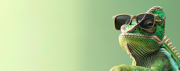 Photo chameleon wearing sunglasses on an isolated green background cartoon animal concept with copy space