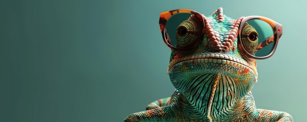 A chameleon wearing sunglasses on an isolated green background with copy space banner mockup design